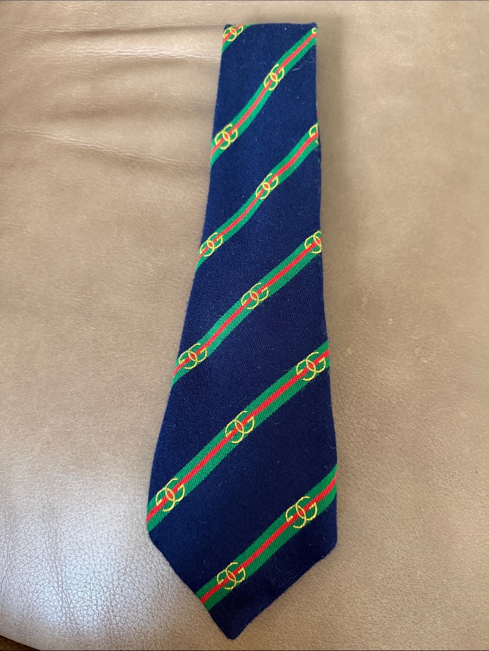 Navy Diagonal Stripe Gucci Men’s Tie  Green Red Accents Wool Silk